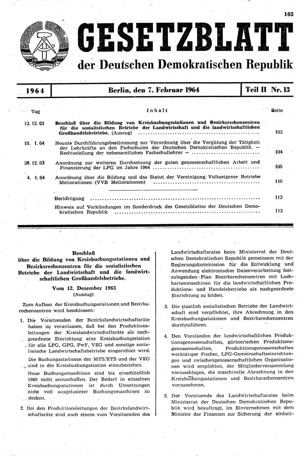 Gesetzblatt (GBl.) der Deutschen Demokratischen Republik (DDR) Teil ⅠⅠ 1964, Seite 103 (GBl. DDR ⅠⅠ 1964, S. 103)