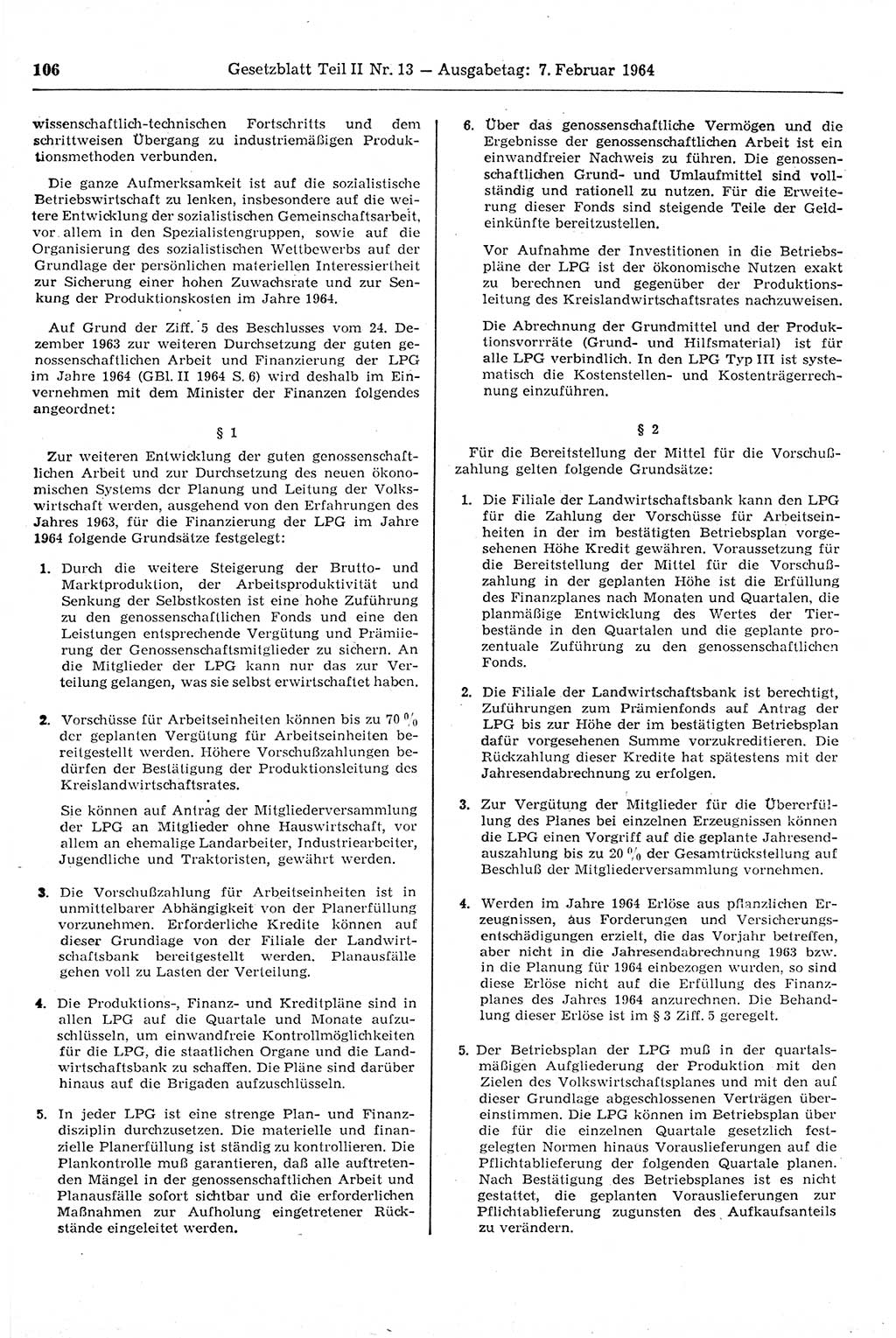 Gesetzblatt (GBl.) der Deutschen Demokratischen Republik (DDR) Teil ⅠⅠ 1964, Seite 106 (GBl. DDR ⅠⅠ 1964, S. 106)
