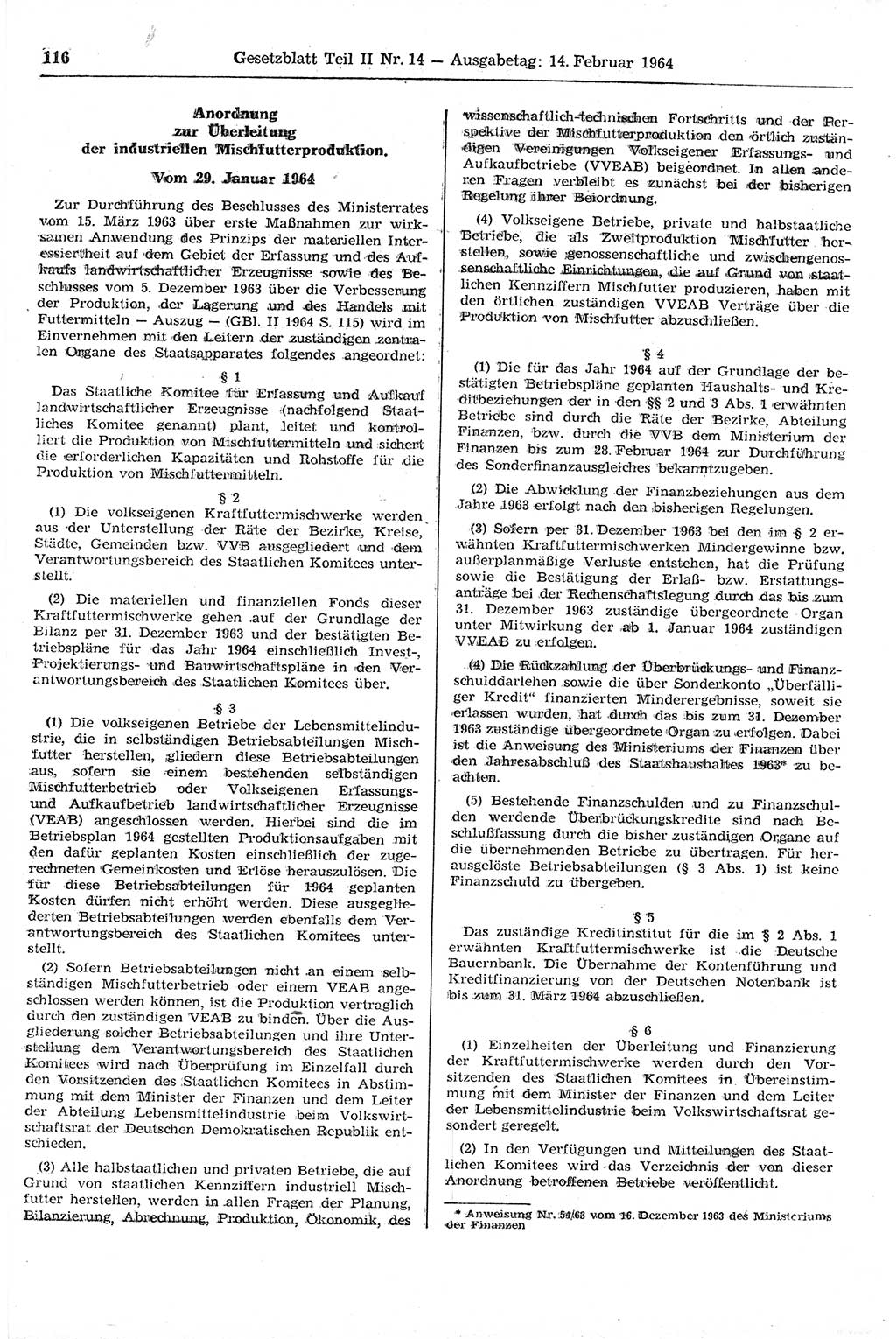 Gesetzblatt (GBl.) der Deutschen Demokratischen Republik (DDR) Teil ⅠⅠ 1964, Seite 116 (GBl. DDR ⅠⅠ 1964, S. 116)