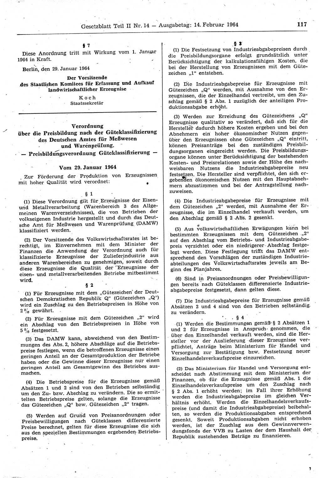 Gesetzblatt (GBl.) der Deutschen Demokratischen Republik (DDR) Teil ⅠⅠ 1964, Seite 117 (GBl. DDR ⅠⅠ 1964, S. 117)