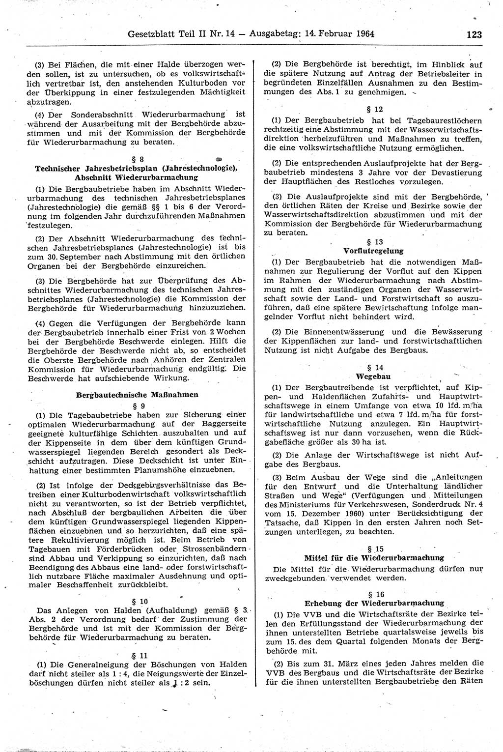Gesetzblatt (GBl.) der Deutschen Demokratischen Republik (DDR) Teil ⅠⅠ 1964, Seite 123 (GBl. DDR ⅠⅠ 1964, S. 123)
