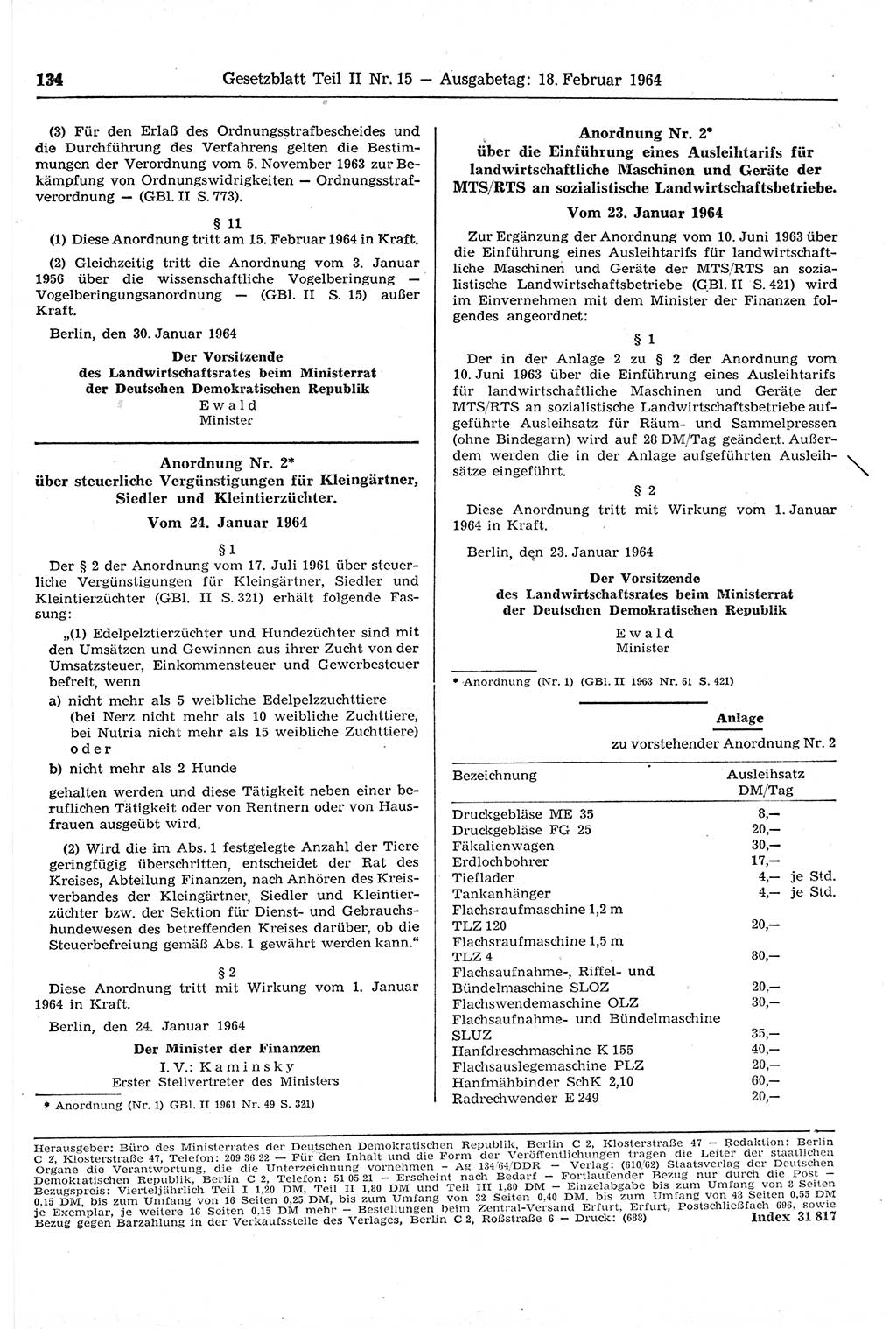 Gesetzblatt (GBl.) der Deutschen Demokratischen Republik (DDR) Teil ⅠⅠ 1964, Seite 134 (GBl. DDR ⅠⅠ 1964, S. 134)