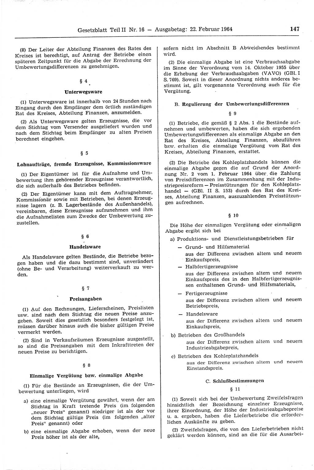 Gesetzblatt (GBl.) der Deutschen Demokratischen Republik (DDR) Teil ⅠⅠ 1964, Seite 147 (GBl. DDR ⅠⅠ 1964, S. 147)