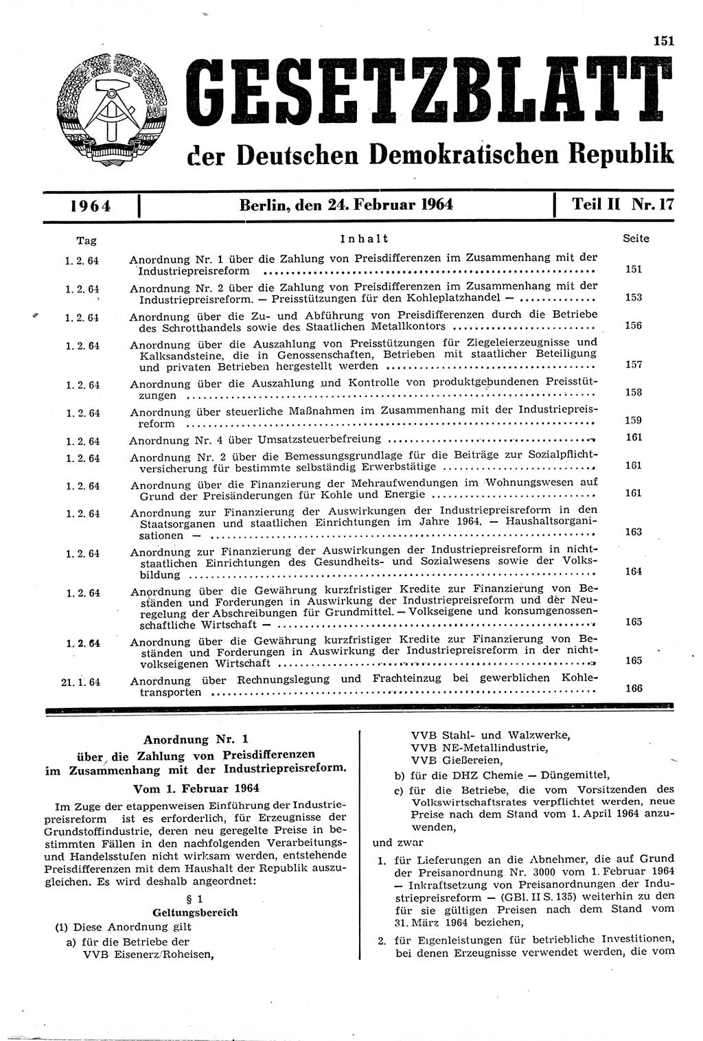 Gesetzblatt (GBl.) der Deutschen Demokratischen Republik (DDR) Teil ⅠⅠ 1964, Seite 151 (GBl. DDR ⅠⅠ 1964, S. 151)