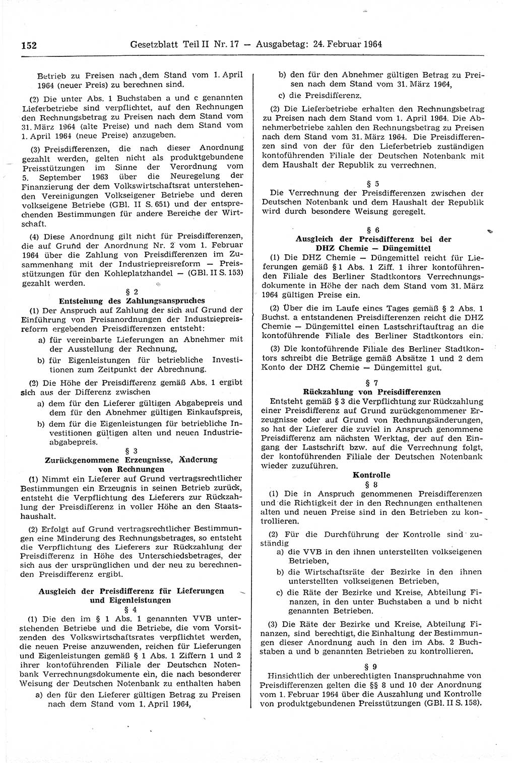 Gesetzblatt (GBl.) der Deutschen Demokratischen Republik (DDR) Teil ⅠⅠ 1964, Seite 152 (GBl. DDR ⅠⅠ 1964, S. 152)