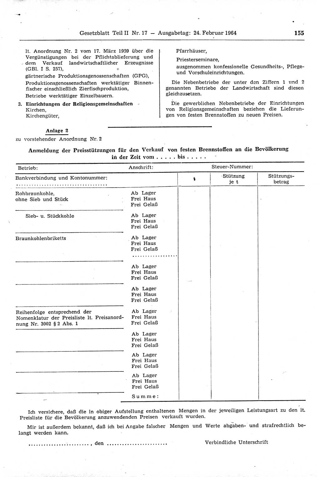 Gesetzblatt (GBl.) der Deutschen Demokratischen Republik (DDR) Teil ⅠⅠ 1964, Seite 155 (GBl. DDR ⅠⅠ 1964, S. 155)