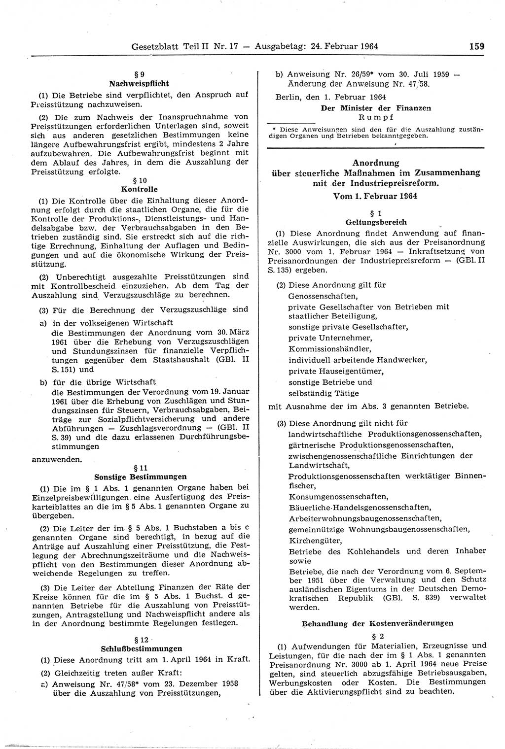 Gesetzblatt (GBl.) der Deutschen Demokratischen Republik (DDR) Teil ⅠⅠ 1964, Seite 159 (GBl. DDR ⅠⅠ 1964, S. 159)