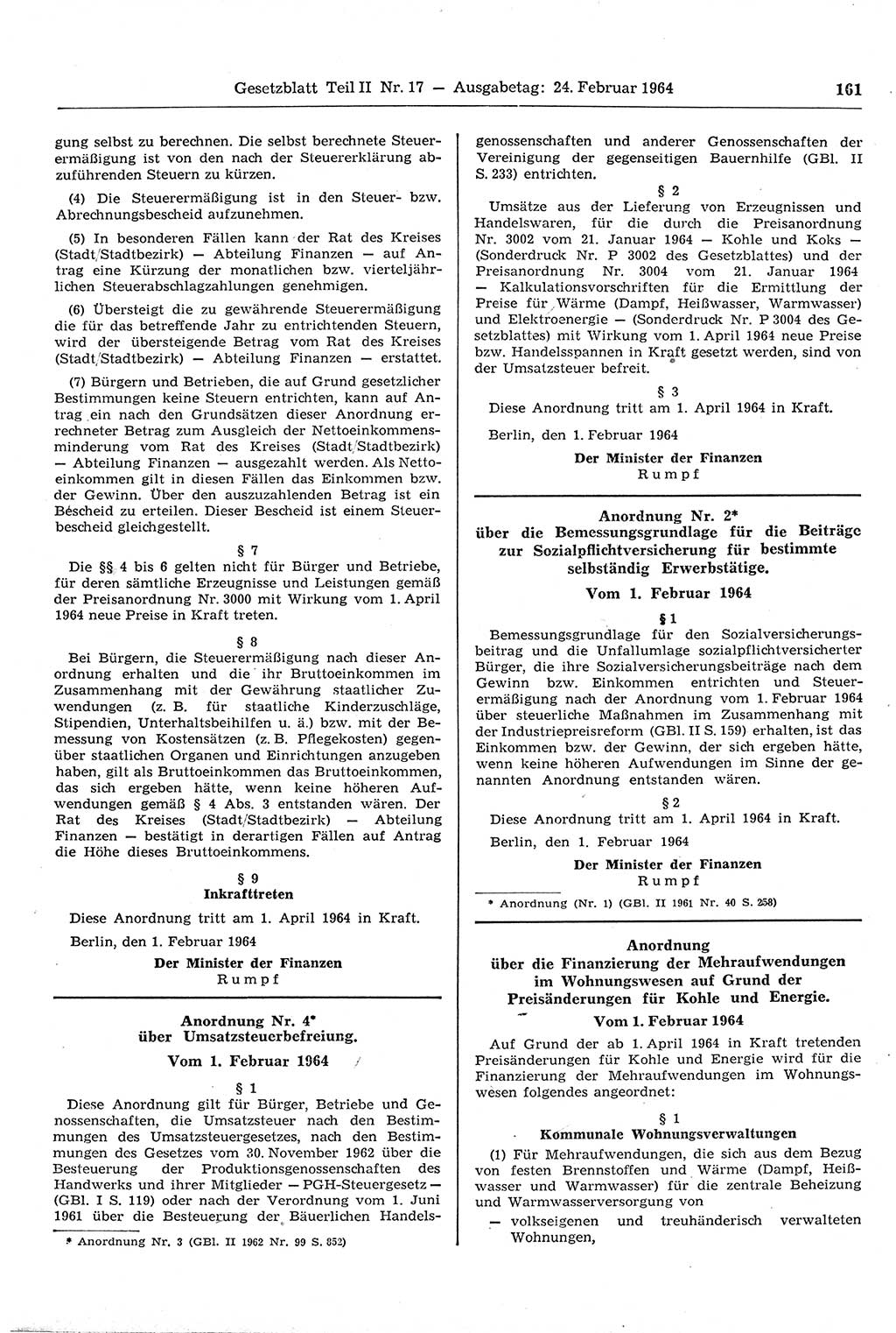 Gesetzblatt (GBl.) der Deutschen Demokratischen Republik (DDR) Teil ⅠⅠ 1964, Seite 161 (GBl. DDR ⅠⅠ 1964, S. 161)
