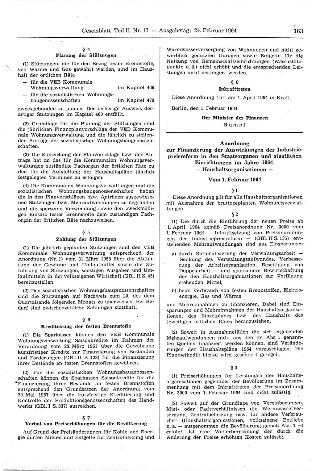 Gesetzblatt (GBl.) der Deutschen Demokratischen Republik (DDR) Teil ⅠⅠ 1964, Seite 163 (GBl. DDR ⅠⅠ 1964, S. 163)