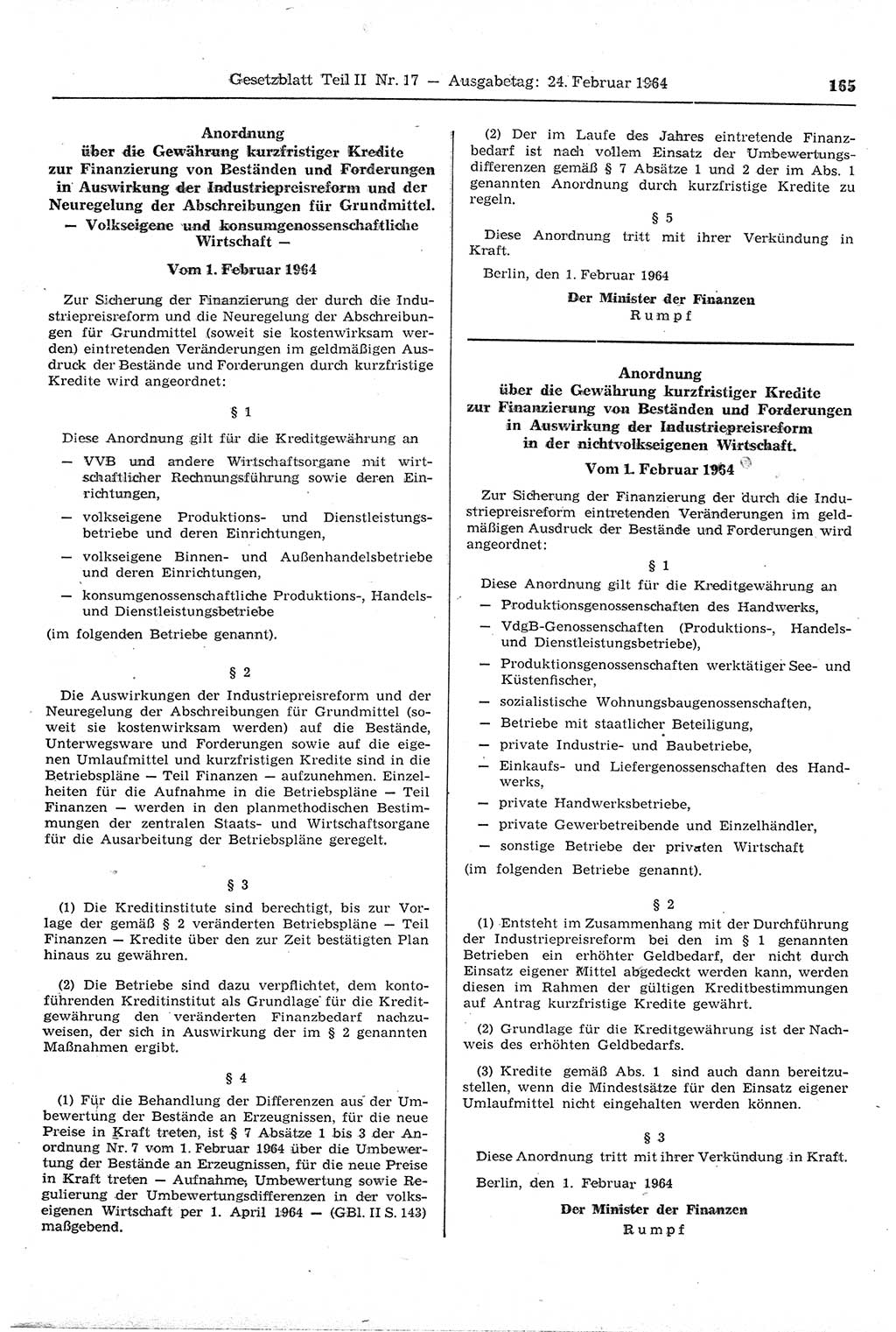 Gesetzblatt (GBl.) der Deutschen Demokratischen Republik (DDR) Teil ⅠⅠ 1964, Seite 165 (GBl. DDR ⅠⅠ 1964, S. 165)