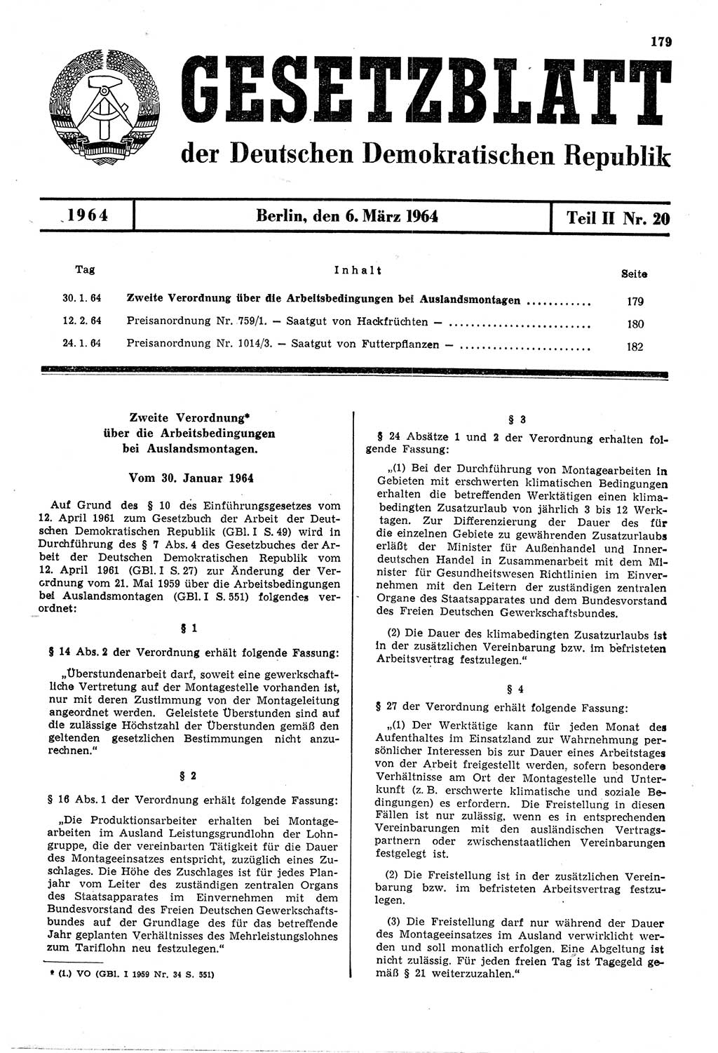 Gesetzblatt (GBl.) der Deutschen Demokratischen Republik (DDR) Teil ⅠⅠ 1964, Seite 179 (GBl. DDR ⅠⅠ 1964, S. 179)