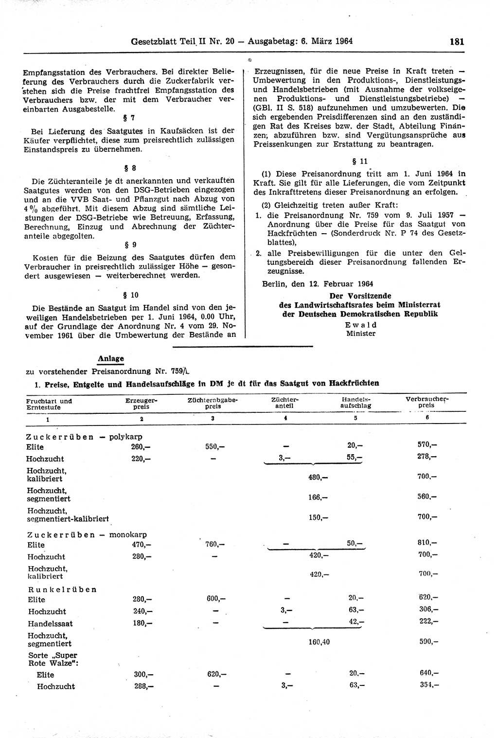 Gesetzblatt (GBl.) der Deutschen Demokratischen Republik (DDR) Teil ⅠⅠ 1964, Seite 181 (GBl. DDR ⅠⅠ 1964, S. 181)