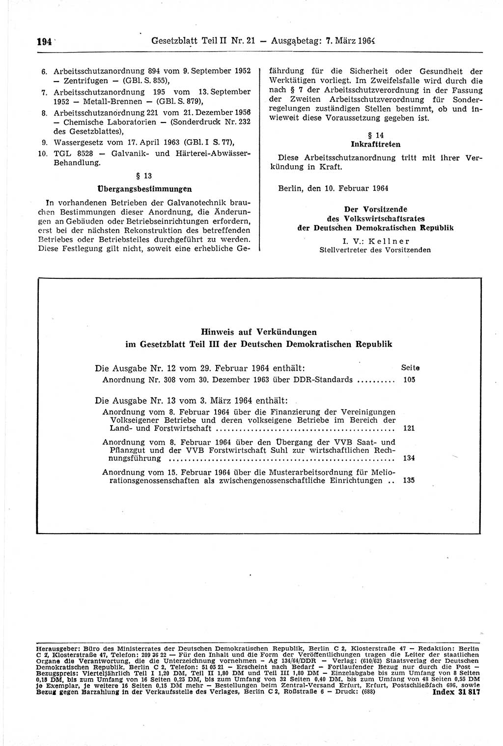 Gesetzblatt (GBl.) der Deutschen Demokratischen Republik (DDR) Teil ⅠⅠ 1964, Seite 194 (GBl. DDR ⅠⅠ 1964, S. 194)