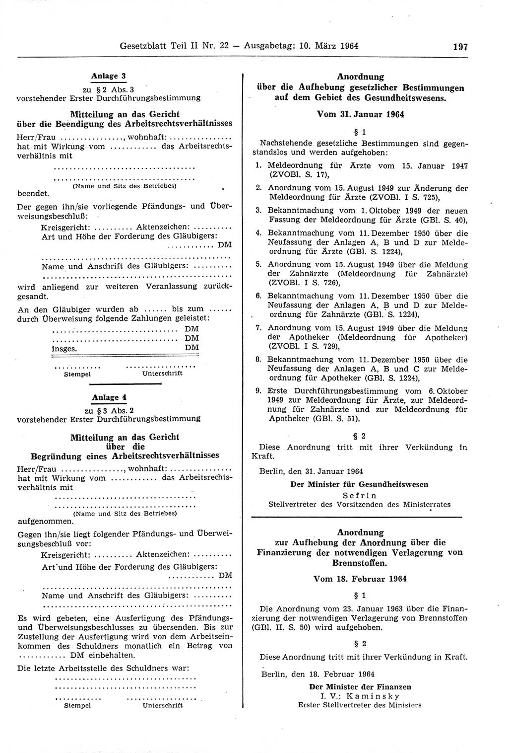 Gesetzblatt (GBl.) der Deutschen Demokratischen Republik (DDR) Teil ⅠⅠ 1964, Seite 197 (GBl. DDR ⅠⅠ 1964, S. 197)
