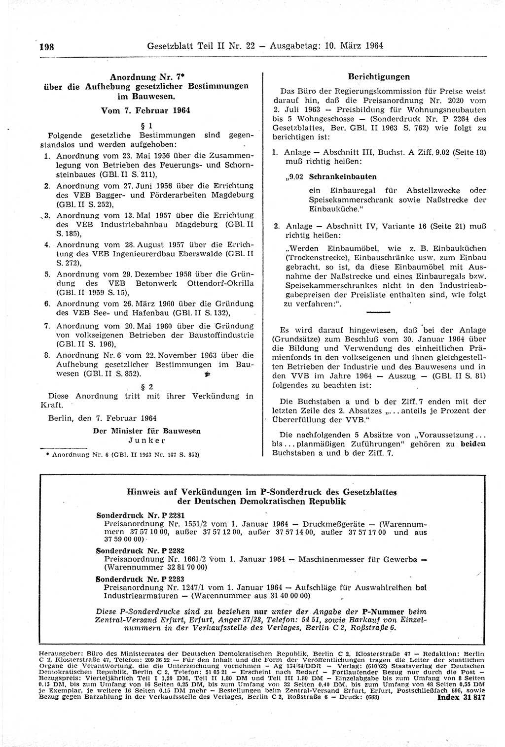 Gesetzblatt (GBl.) der Deutschen Demokratischen Republik (DDR) Teil ⅠⅠ 1964, Seite 198 (GBl. DDR ⅠⅠ 1964, S. 198)