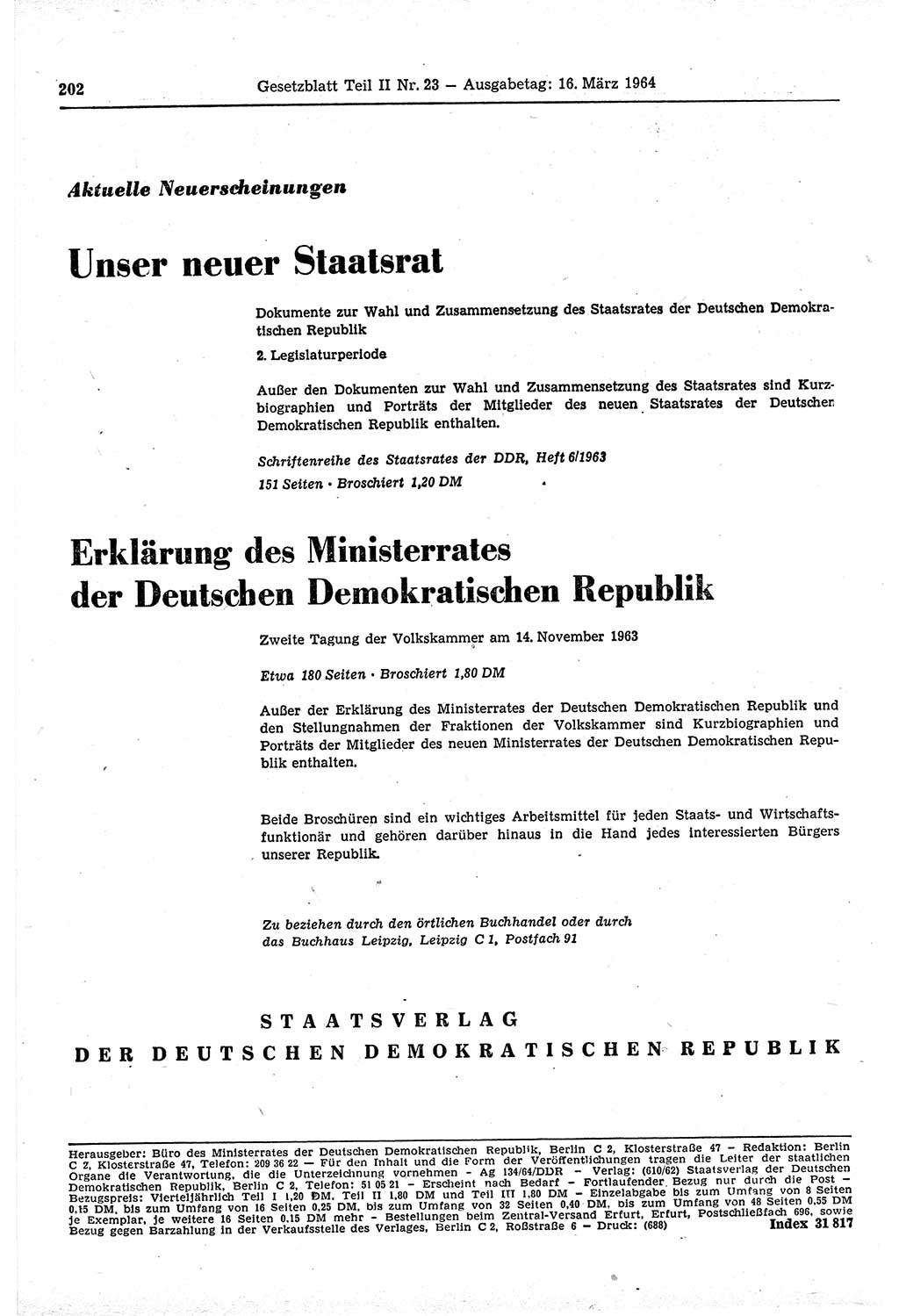 Gesetzblatt (GBl.) der Deutschen Demokratischen Republik (DDR) Teil ⅠⅠ 1964, Seite 202 (GBl. DDR ⅠⅠ 1964, S. 202)