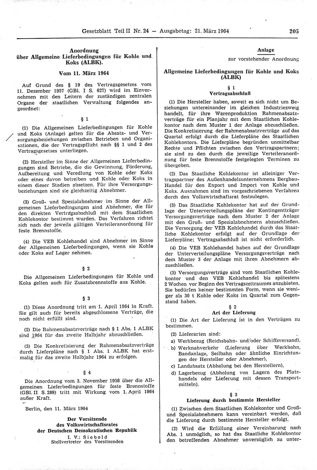 Gesetzblatt (GBl.) der Deutschen Demokratischen Republik (DDR) Teil ⅠⅠ 1964, Seite 205 (GBl. DDR ⅠⅠ 1964, S. 205)