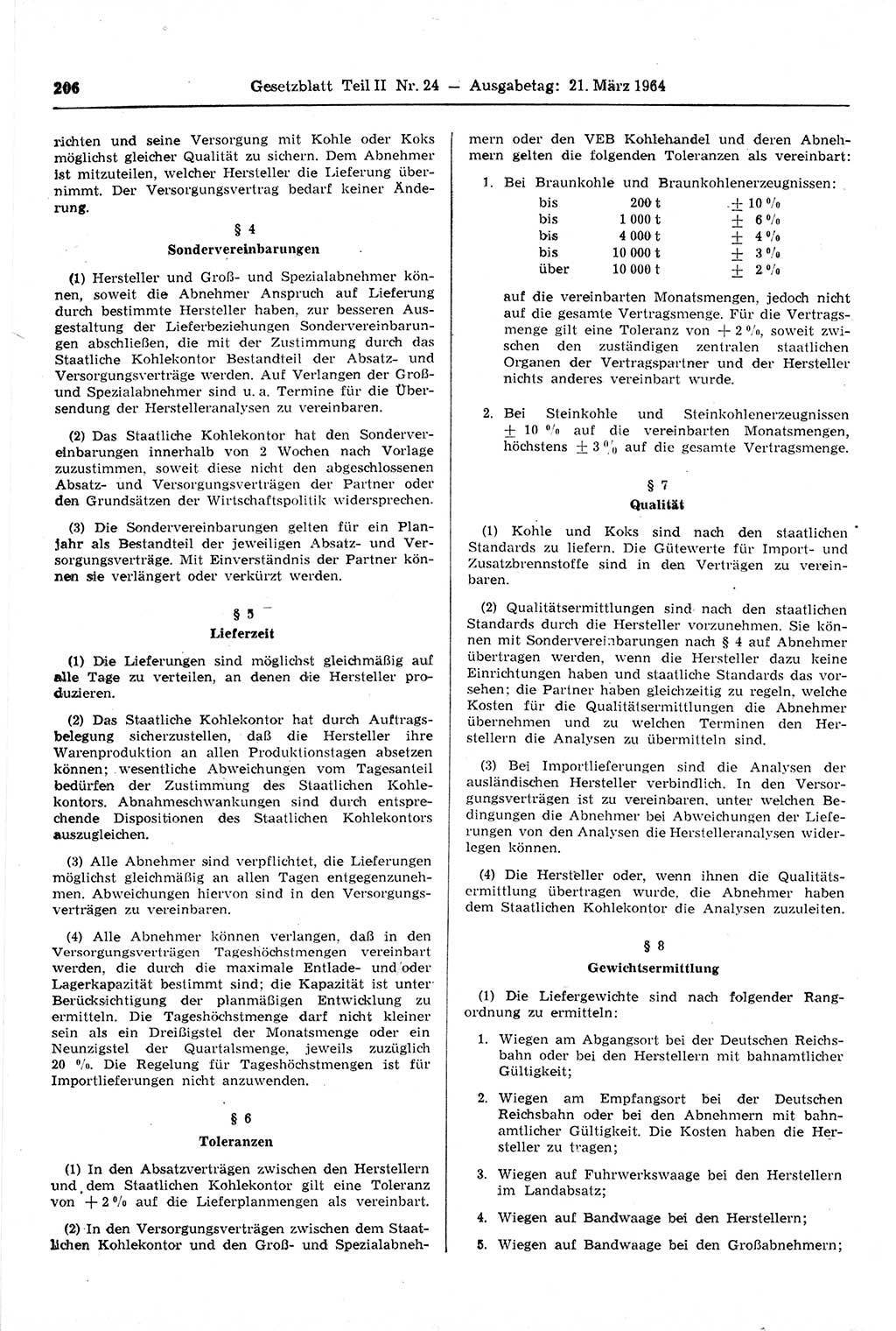 Gesetzblatt (GBl.) der Deutschen Demokratischen Republik (DDR) Teil ⅠⅠ 1964, Seite 206 (GBl. DDR ⅠⅠ 1964, S. 206)