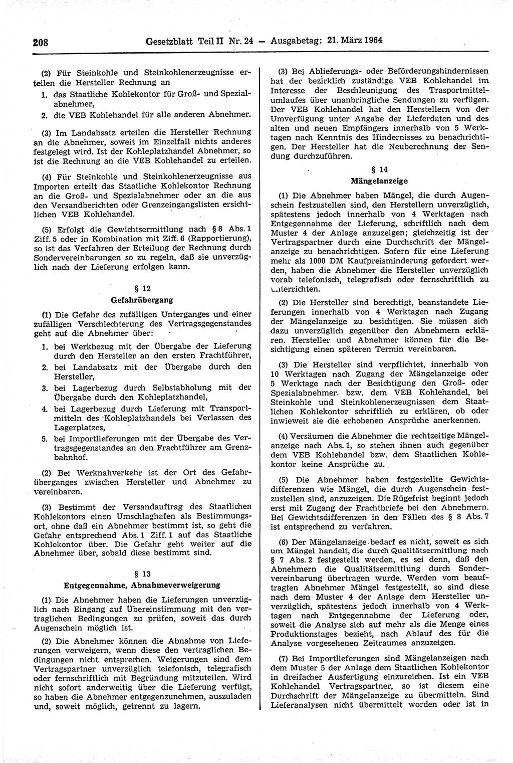 Gesetzblatt (GBl.) der Deutschen Demokratischen Republik (DDR) Teil ⅠⅠ 1964, Seite 208 (GBl. DDR ⅠⅠ 1964, S. 208)