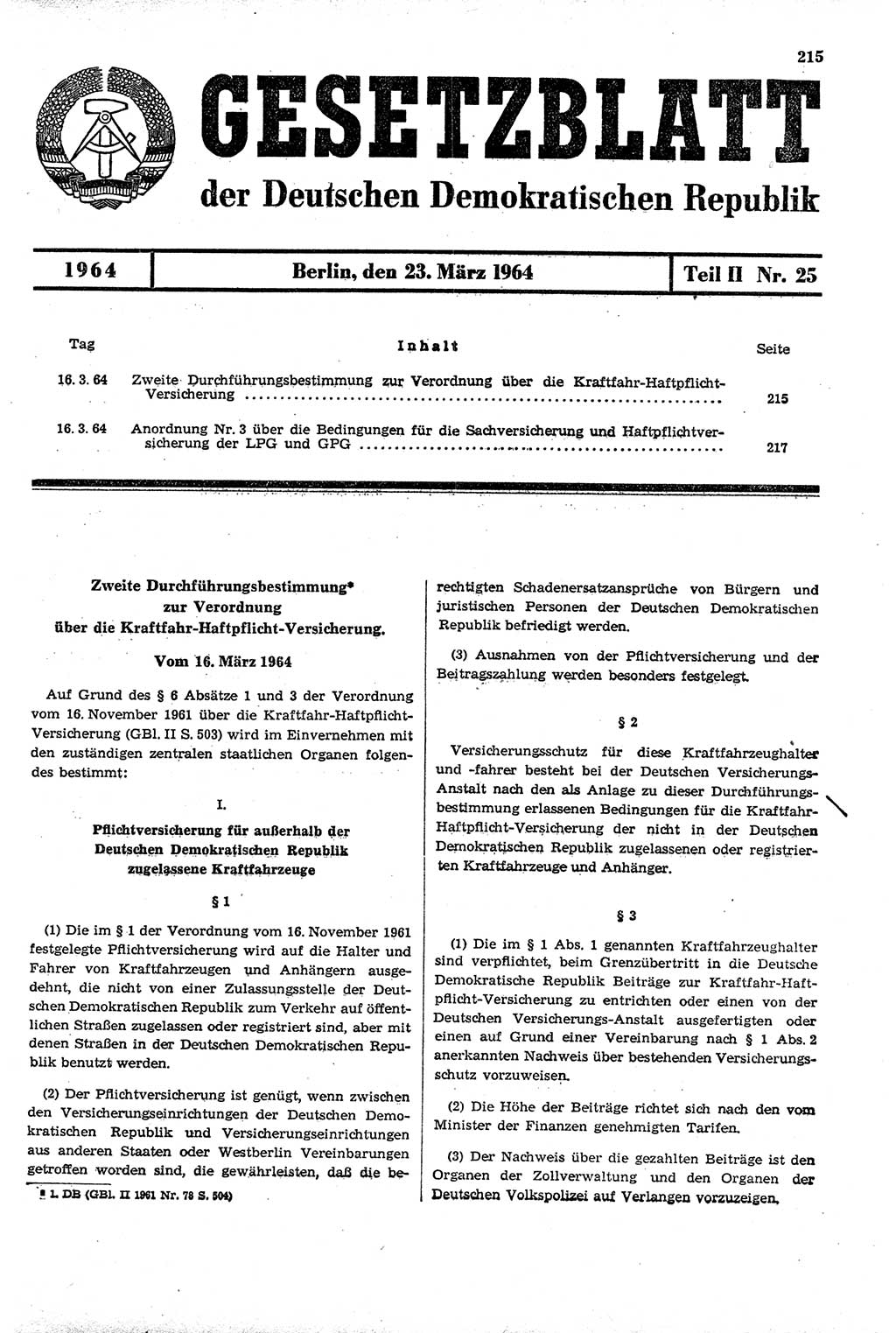 Gesetzblatt (GBl.) der Deutschen Demokratischen Republik (DDR) Teil ⅠⅠ 1964, Seite 215 (GBl. DDR ⅠⅠ 1964, S. 215)
