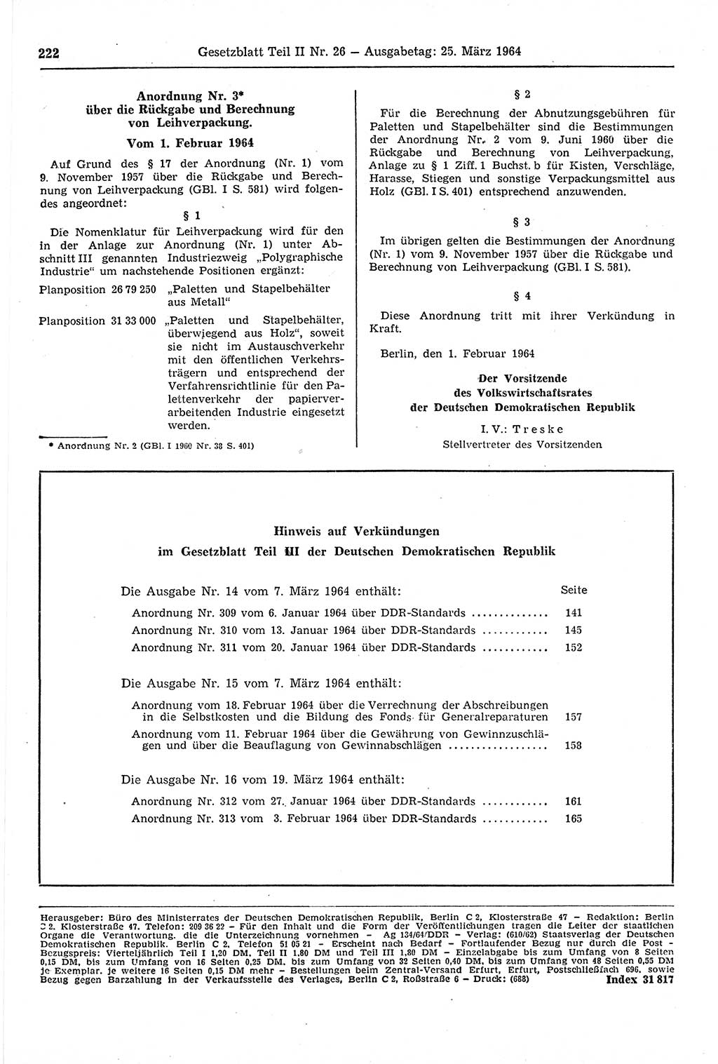 Gesetzblatt (GBl.) der Deutschen Demokratischen Republik (DDR) Teil ⅠⅠ 1964, Seite 222 (GBl. DDR ⅠⅠ 1964, S. 222)