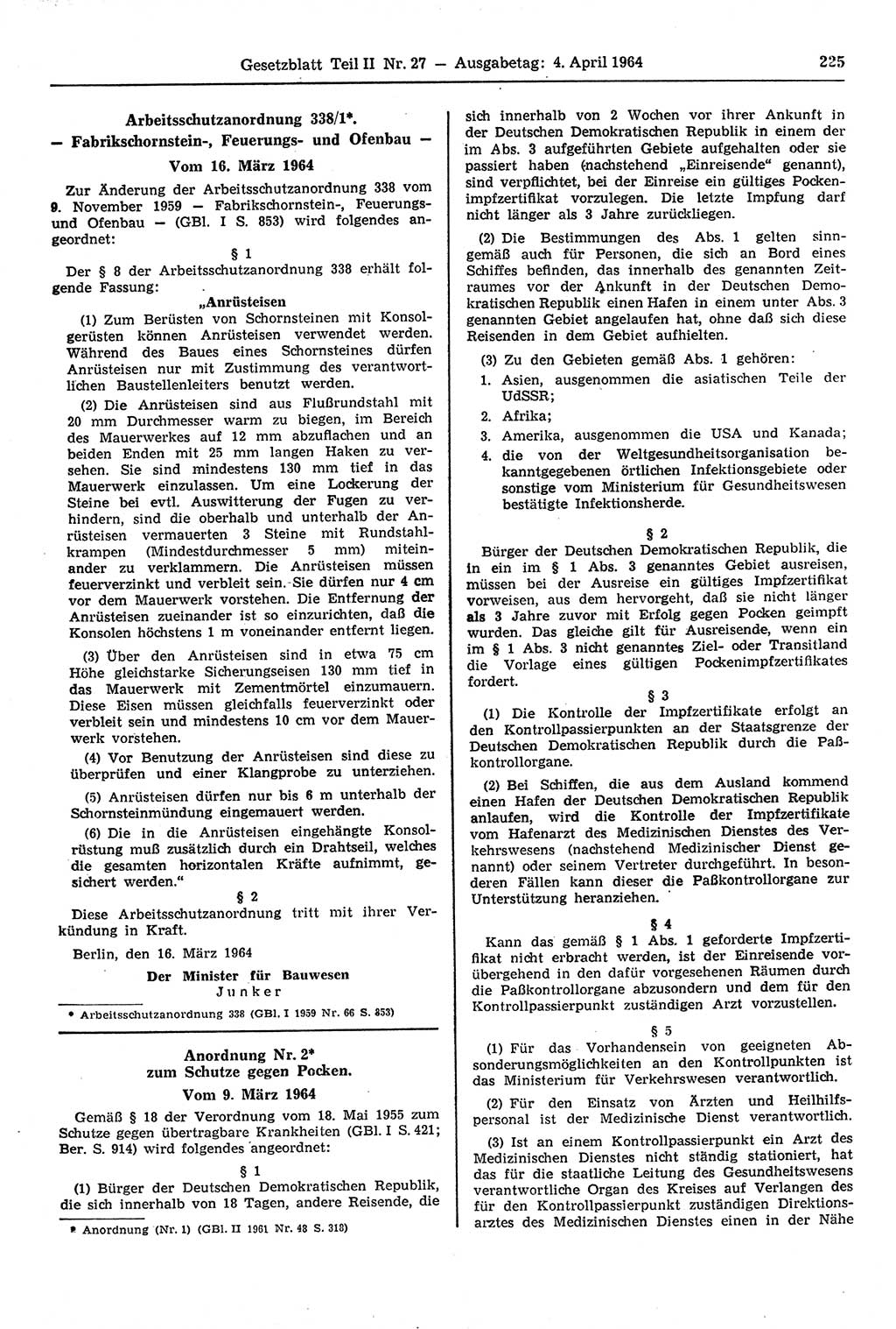 Gesetzblatt (GBl.) der Deutschen Demokratischen Republik (DDR) Teil ⅠⅠ 1964, Seite 225 (GBl. DDR ⅠⅠ 1964, S. 225)