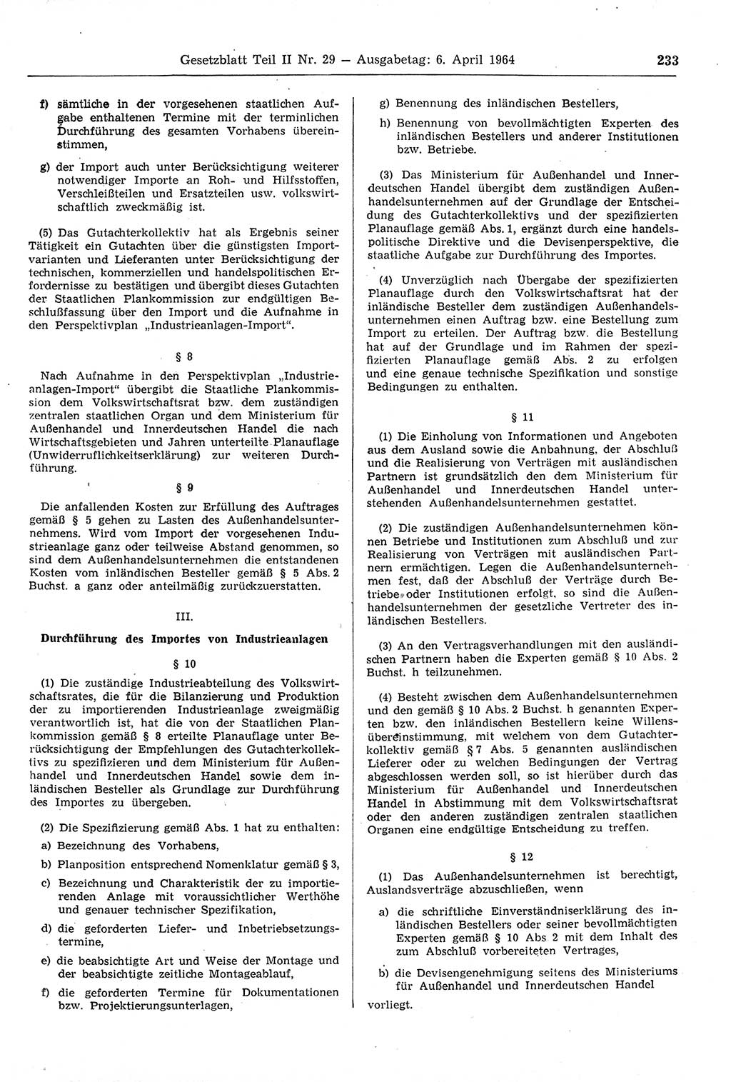 Gesetzblatt (GBl.) der Deutschen Demokratischen Republik (DDR) Teil ⅠⅠ 1964, Seite 233 (GBl. DDR ⅠⅠ 1964, S. 233)