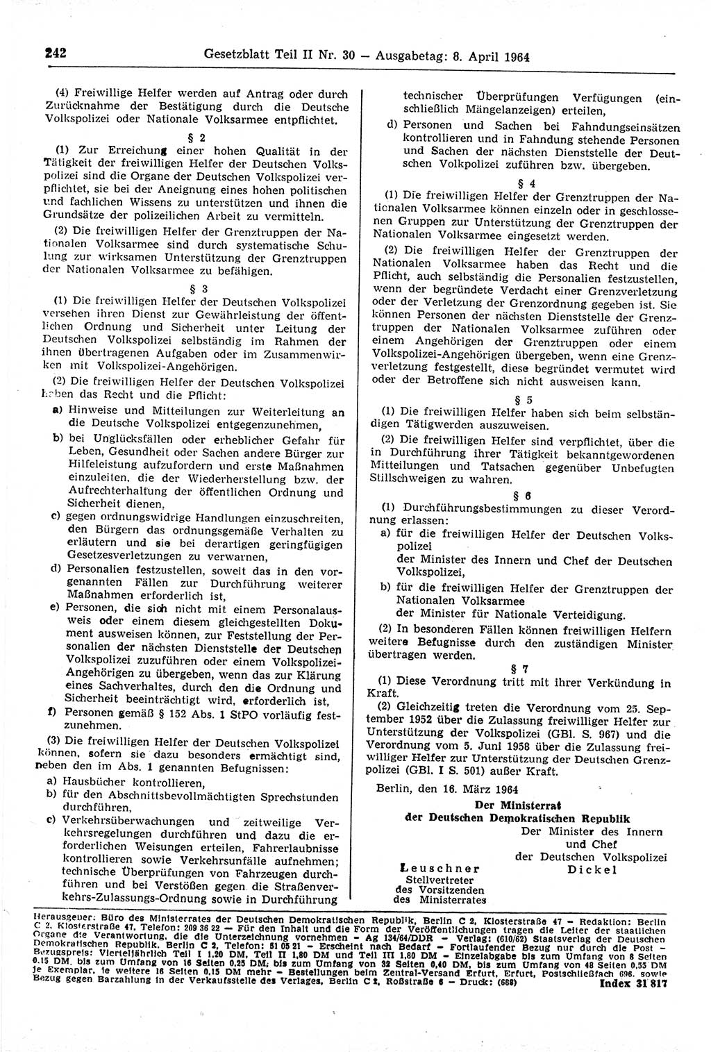 Gesetzblatt (GBl.) der Deutschen Demokratischen Republik (DDR) Teil ⅠⅠ 1964, Seite 242 (GBl. DDR ⅠⅠ 1964, S. 242)