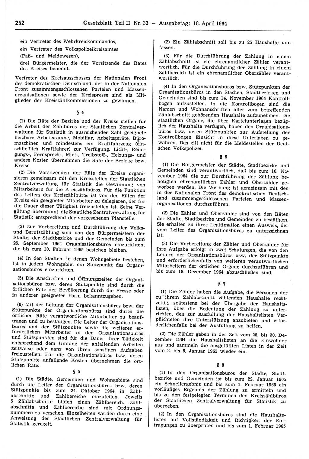 Gesetzblatt (GBl.) der Deutschen Demokratischen Republik (DDR) Teil ⅠⅠ 1964, Seite 252 (GBl. DDR ⅠⅠ 1964, S. 252)