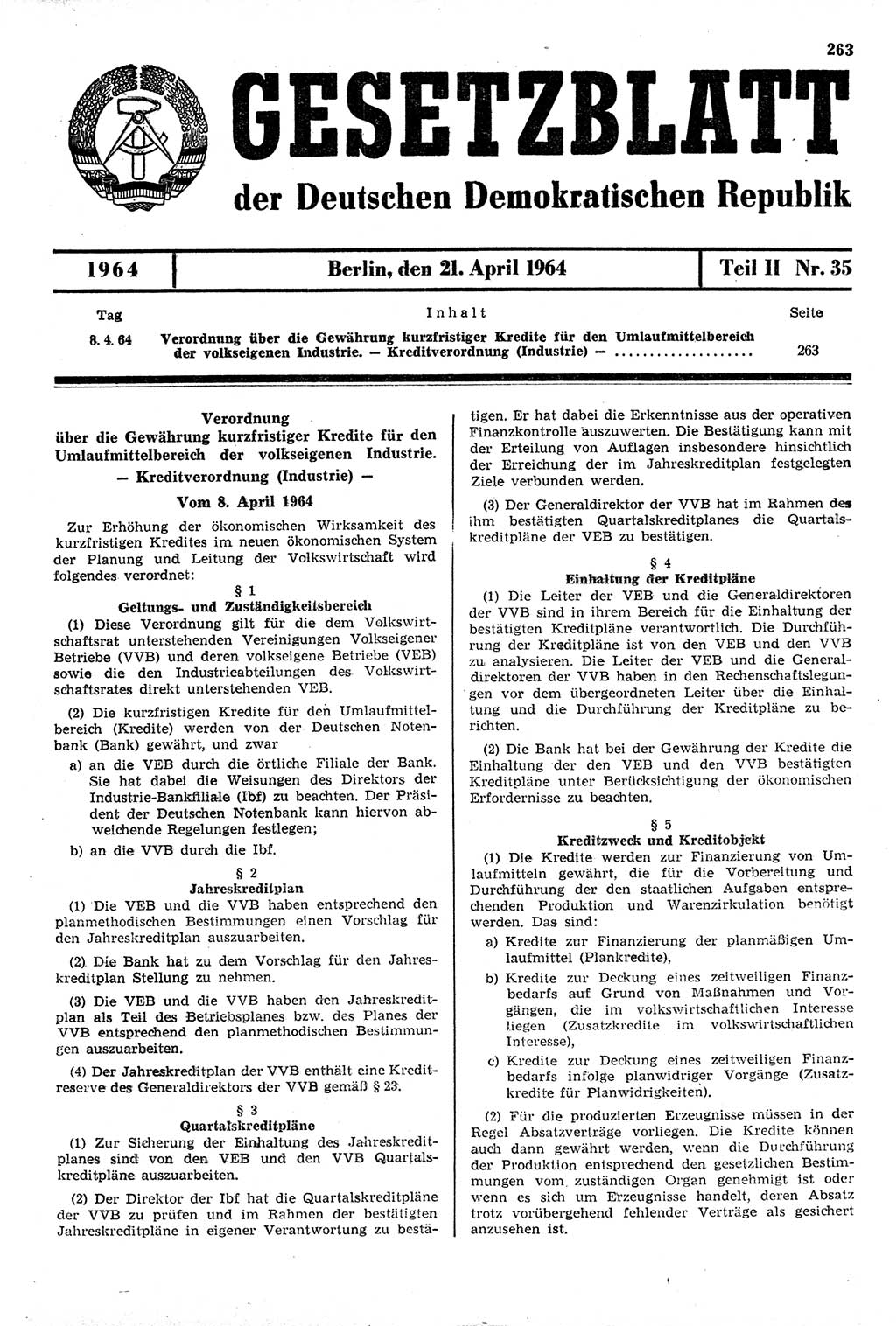 Gesetzblatt (GBl.) der Deutschen Demokratischen Republik (DDR) Teil ⅠⅠ 1964, Seite 263 (GBl. DDR ⅠⅠ 1964, S. 263)