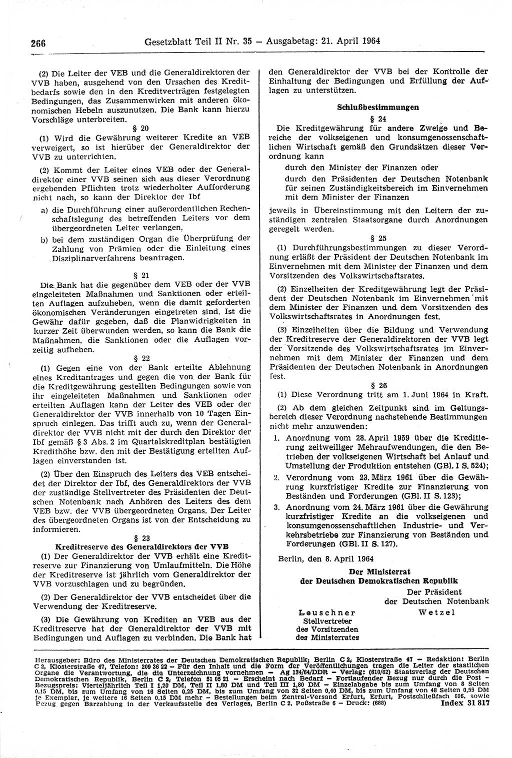 Gesetzblatt (GBl.) der Deutschen Demokratischen Republik (DDR) Teil ⅠⅠ 1964, Seite 266 (GBl. DDR ⅠⅠ 1964, S. 266)