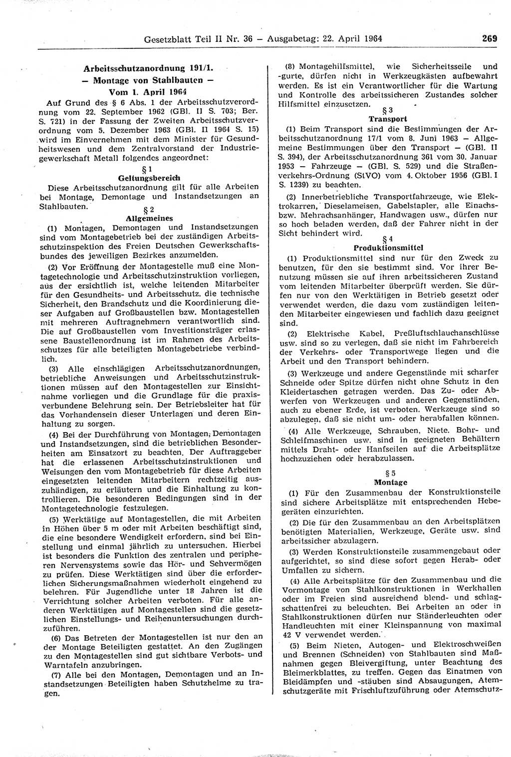 Gesetzblatt (GBl.) der Deutschen Demokratischen Republik (DDR) Teil ⅠⅠ 1964, Seite 269 (GBl. DDR ⅠⅠ 1964, S. 269)