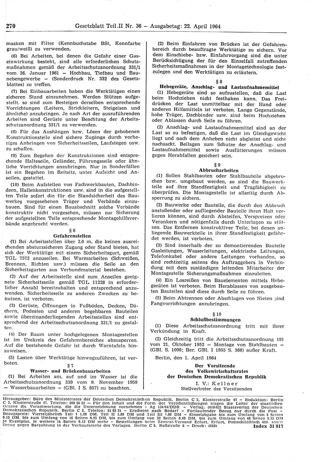 Gesetzblatt (GBl.) der Deutschen Demokratischen Republik (DDR) Teil ⅠⅠ 1964, Seite 270 (GBl. DDR ⅠⅠ 1964, S. 270)