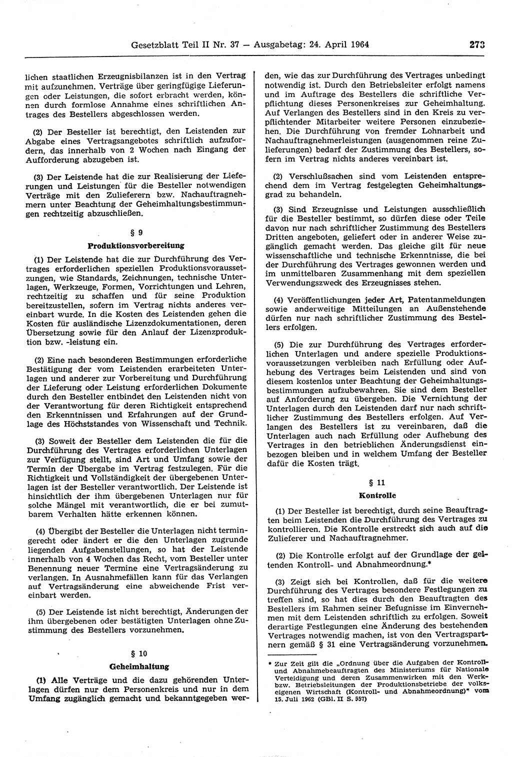 Gesetzblatt (GBl.) der Deutschen Demokratischen Republik (DDR) Teil ⅠⅠ 1964, Seite 273 (GBl. DDR ⅠⅠ 1964, S. 273)