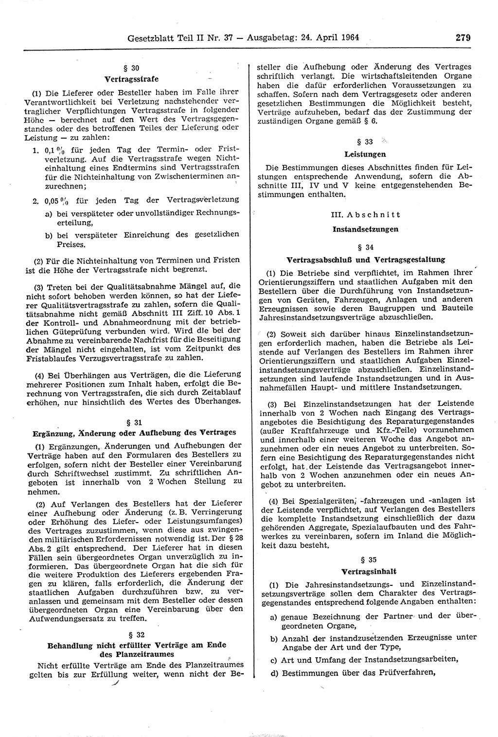 Gesetzblatt (GBl.) der Deutschen Demokratischen Republik (DDR) Teil ⅠⅠ 1964, Seite 279 (GBl. DDR ⅠⅠ 1964, S. 279)