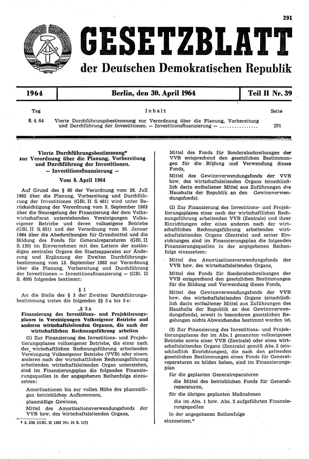 Gesetzblatt (GBl.) der Deutschen Demokratischen Republik (DDR) Teil ⅠⅠ 1964, Seite 291 (GBl. DDR ⅠⅠ 1964, S. 291)