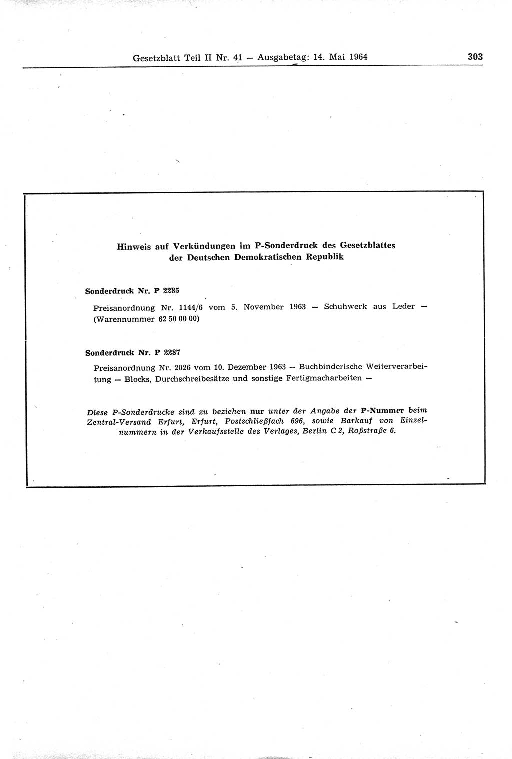 Gesetzblatt (GBl.) der Deutschen Demokratischen Republik (DDR) Teil ⅠⅠ 1964, Seite 303 (GBl. DDR ⅠⅠ 1964, S. 303)