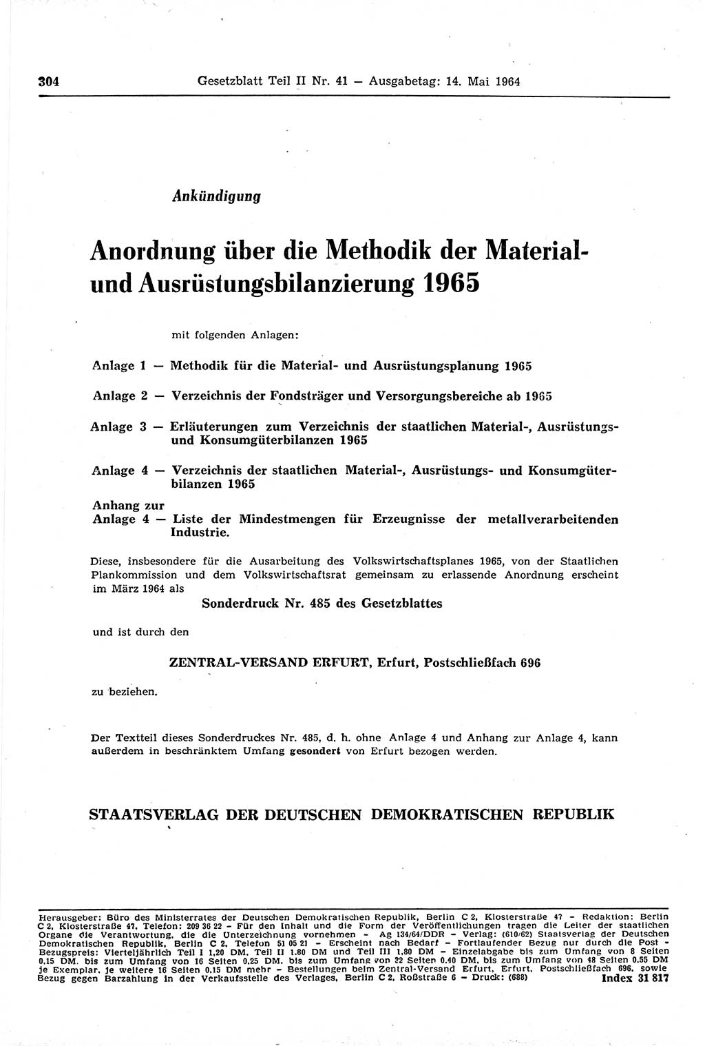 Gesetzblatt (GBl.) der Deutschen Demokratischen Republik (DDR) Teil ⅠⅠ 1964, Seite 304 (GBl. DDR ⅠⅠ 1964, S. 304)