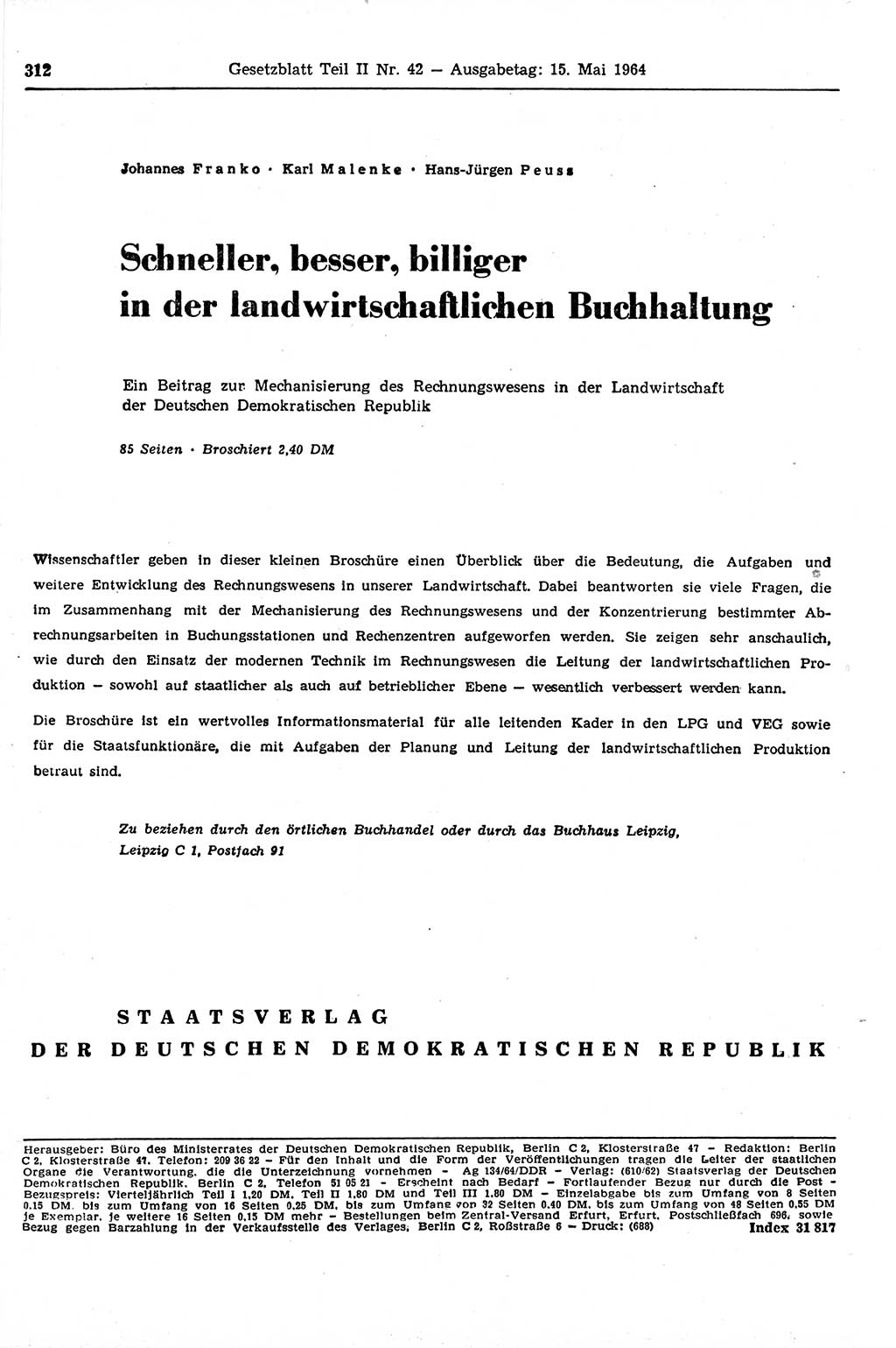 Gesetzblatt (GBl.) der Deutschen Demokratischen Republik (DDR) Teil ⅠⅠ 1964, Seite 312 (GBl. DDR ⅠⅠ 1964, S. 312)