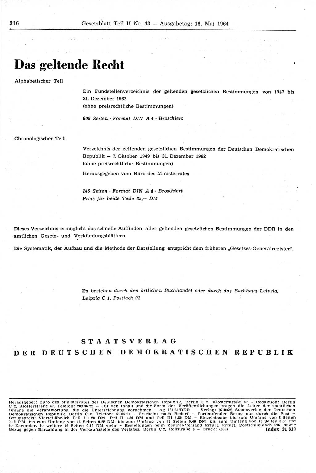 Gesetzblatt (GBl.) der Deutschen Demokratischen Republik (DDR) Teil ⅠⅠ 1964, Seite 316 (GBl. DDR ⅠⅠ 1964, S. 316)