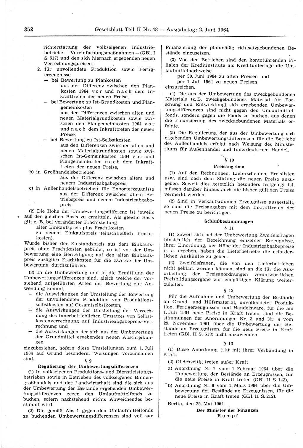 Gesetzblatt (GBl.) der Deutschen Demokratischen Republik (DDR) Teil ⅠⅠ 1964, Seite 352 (GBl. DDR ⅠⅠ 1964, S. 352)