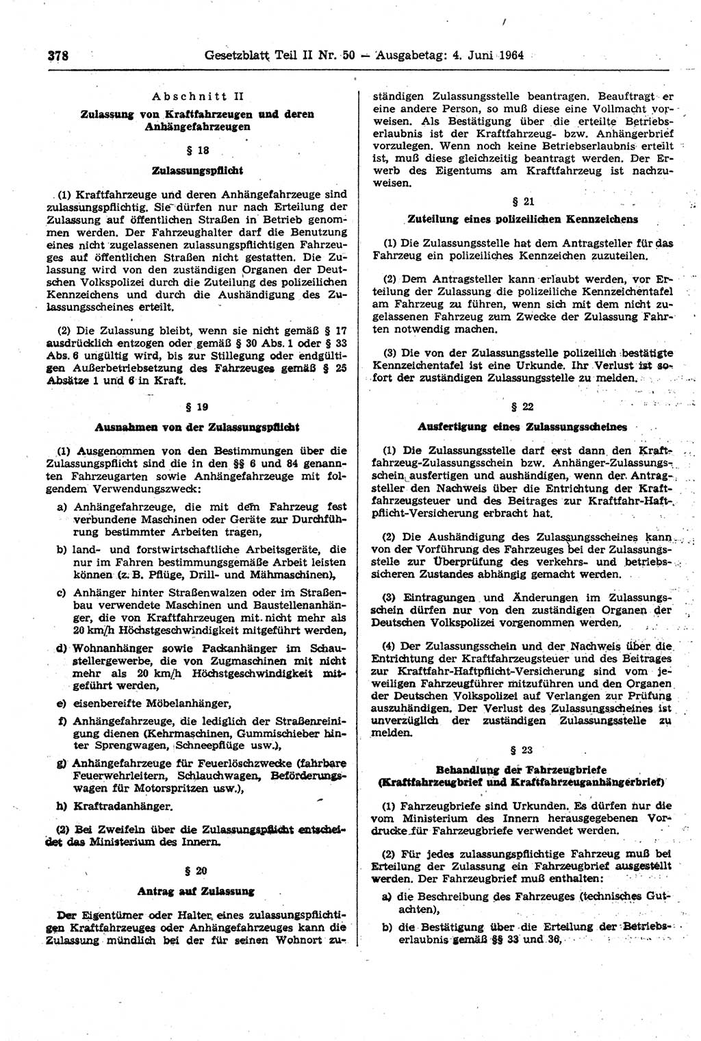 Gesetzblatt (GBl.) der Deutschen Demokratischen Republik (DDR) Teil ⅠⅠ 1964, Seite 378 (GBl. DDR ⅠⅠ 1964, S. 378)