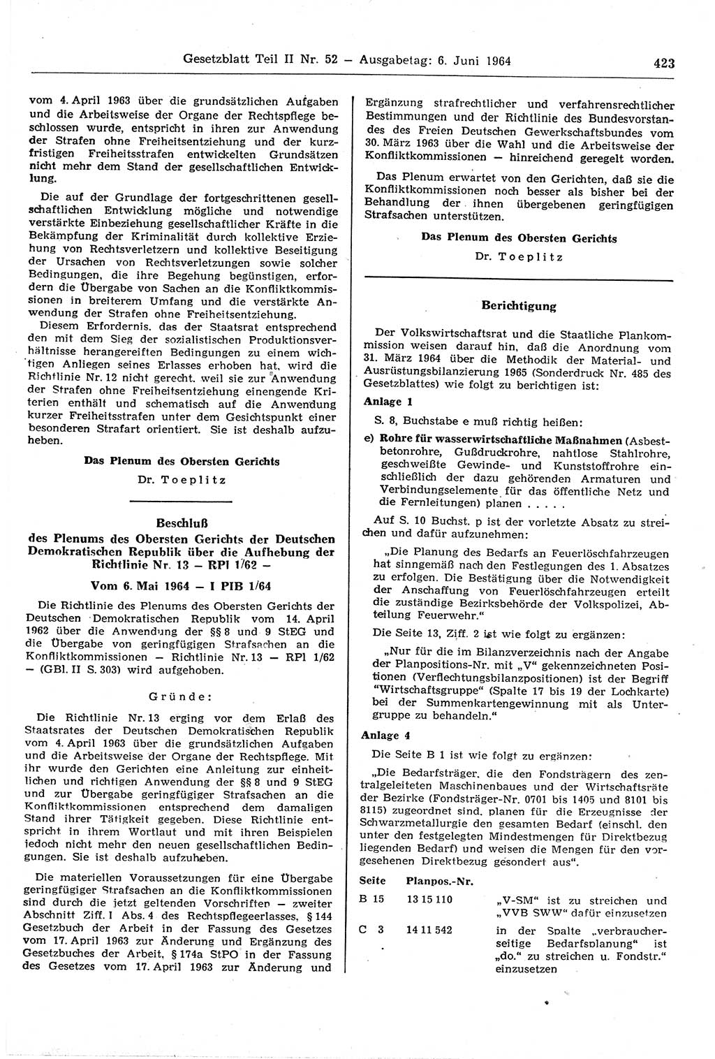 Gesetzblatt (GBl.) der Deutschen Demokratischen Republik (DDR) Teil ⅠⅠ 1964, Seite 423 (GBl. DDR ⅠⅠ 1964, S. 423)