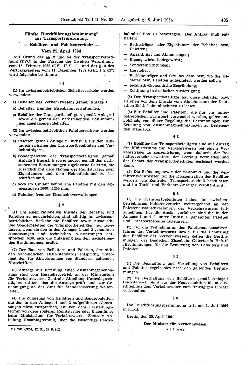 Gesetzblatt (GBl.) der Deutschen Demokratischen Republik (DDR) Teil ⅠⅠ 1964, Seite 435 (GBl. DDR ⅠⅠ 1964, S. 435)