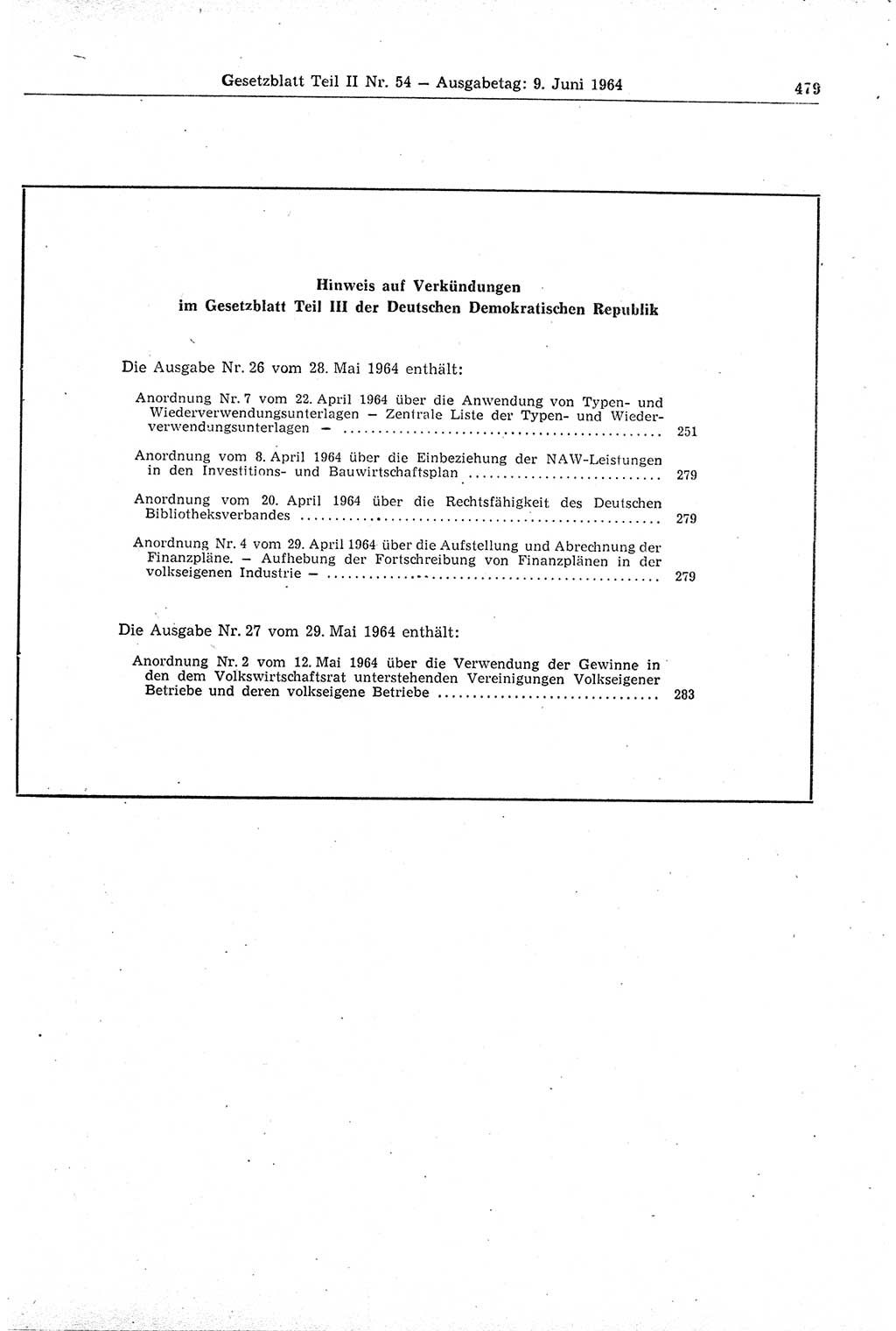 Gesetzblatt (GBl.) der Deutschen Demokratischen Republik (DDR) Teil ⅠⅠ 1964, Seite 479 (GBl. DDR ⅠⅠ 1964, S. 479)