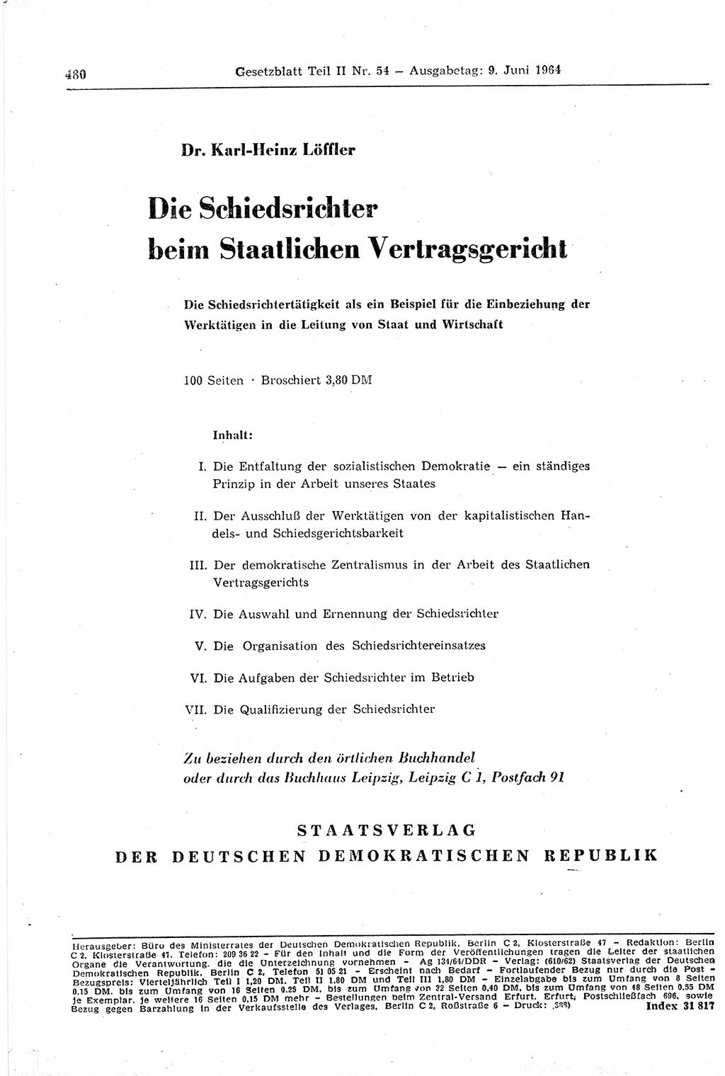 Gesetzblatt (GBl.) der Deutschen Demokratischen Republik (DDR) Teil ⅠⅠ 1964, Seite 480 (GBl. DDR ⅠⅠ 1964, S. 480)