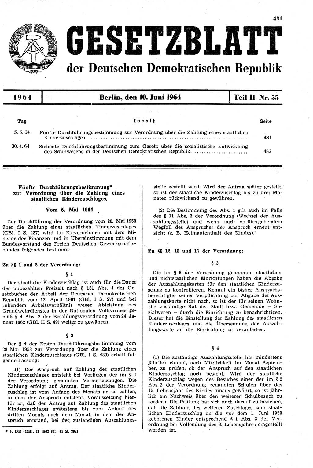 Gesetzblatt (GBl.) der Deutschen Demokratischen Republik (DDR) Teil ⅠⅠ 1964, Seite 481 (GBl. DDR ⅠⅠ 1964, S. 481)