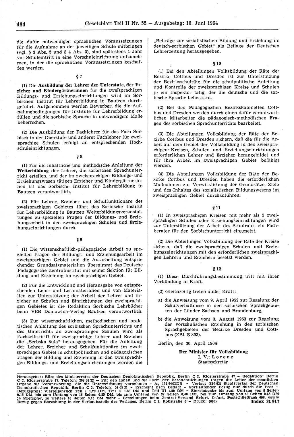 Gesetzblatt (GBl.) der Deutschen Demokratischen Republik (DDR) Teil ⅠⅠ 1964, Seite 484 (GBl. DDR ⅠⅠ 1964, S. 484)