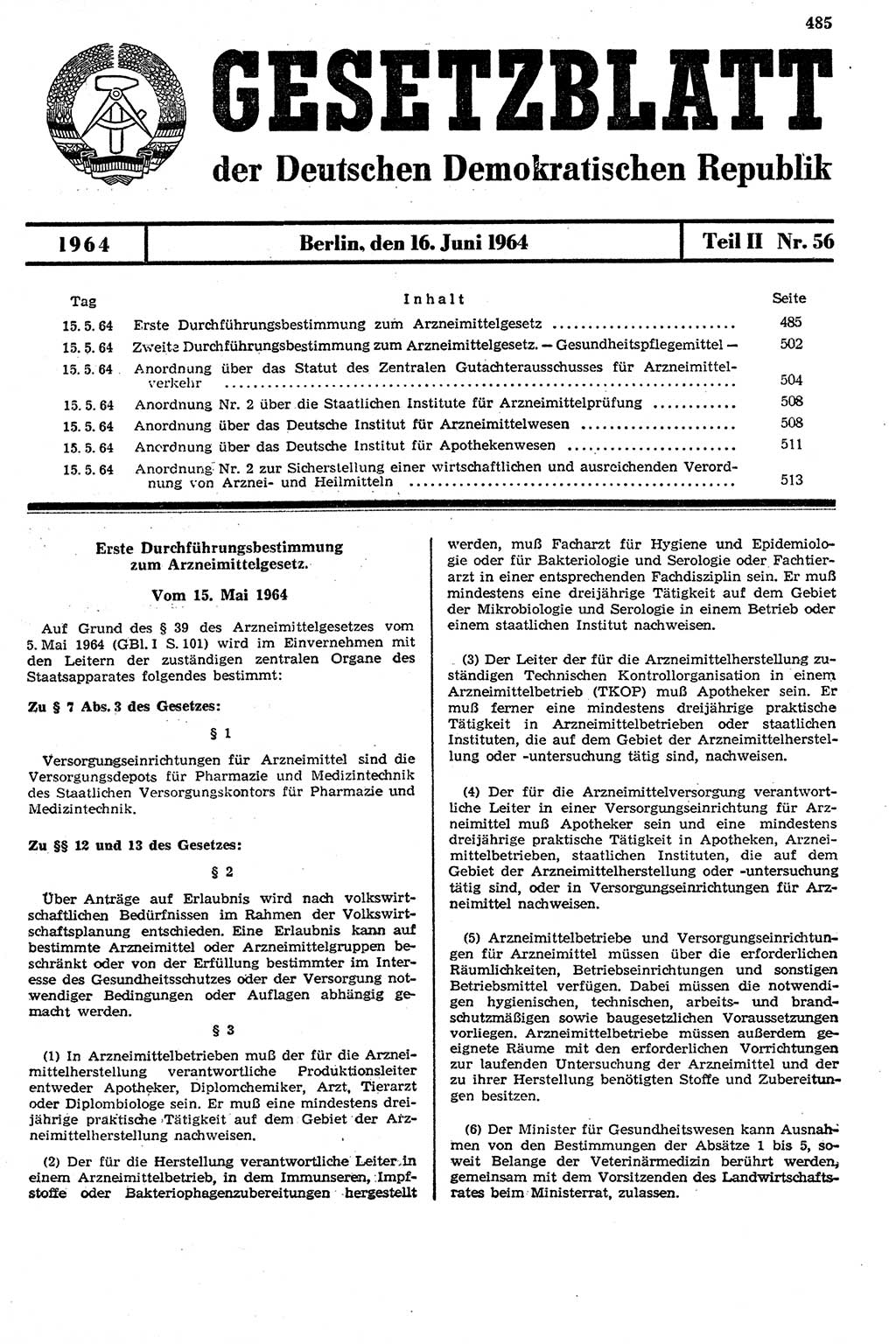 Gesetzblatt (GBl.) der Deutschen Demokratischen Republik (DDR) Teil ⅠⅠ 1964, Seite 485 (GBl. DDR ⅠⅠ 1964, S. 485)