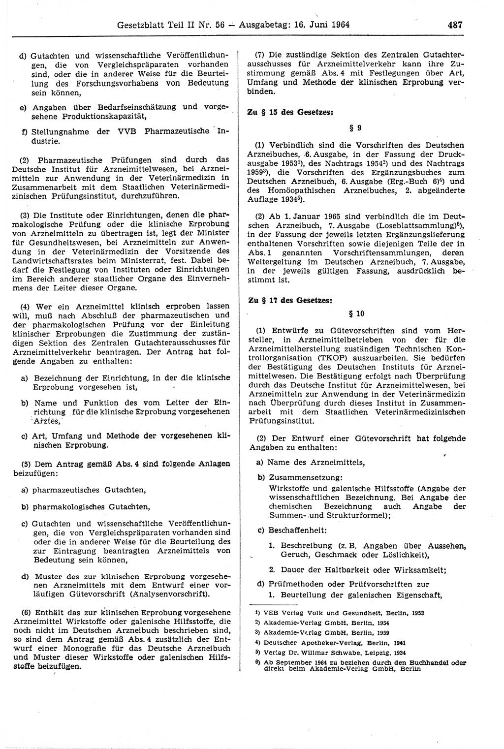 Gesetzblatt (GBl.) der Deutschen Demokratischen Republik (DDR) Teil ⅠⅠ 1964, Seite 487 (GBl. DDR ⅠⅠ 1964, S. 487)